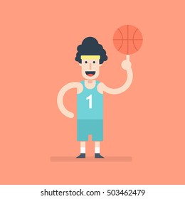 Flat character. Basketball player spinning the ball on his finger
