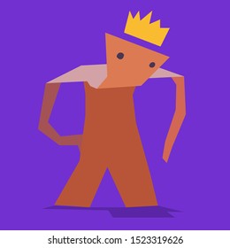 The flat character bent, tilting his head forward. There is a crown above the object.