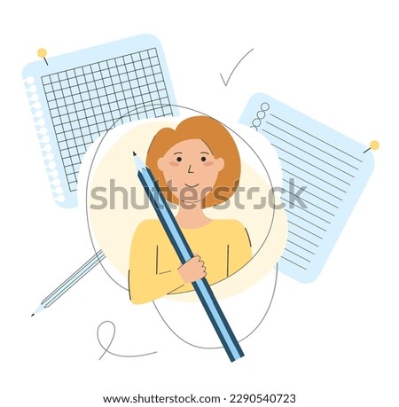 Flat character with big pencil. Student girl with pencil in hand. Copywriting and blogging concept. Flat girl and notepad paper. Vector illustration. 