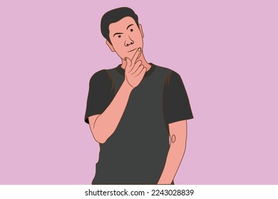 flat character boy having doubts and with confuse face expression while scratching head on isolated