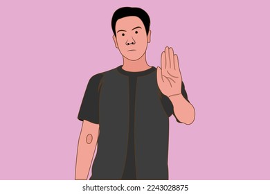 flat character boy put hand up for stop isolated