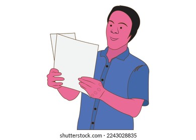 flat character boy smile and happy when looking on paper document