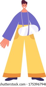 Carácter plano con un brazo roto. Mundo sin barreras. Ilustración plana vectorial.