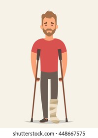 Flat Character With Broken Leg. Vector Illustration