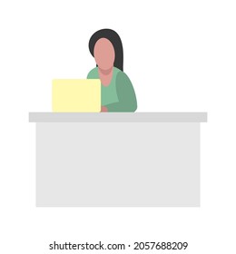 flat character of business woman working in office behind her desk with laptop