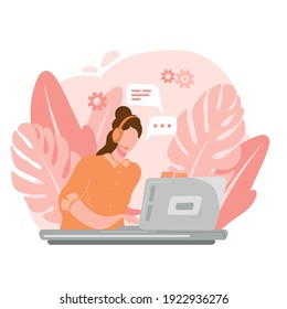 Flat character. Call center worker. Female operator, online support service. Flat vector illustration.