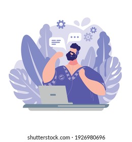 Flat character. Call center worker. Male operator, online support service. Flat vector illustration.