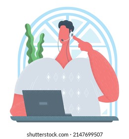 Flat character. Call center worker. Male operator, online support service. Flat vector illustration.
