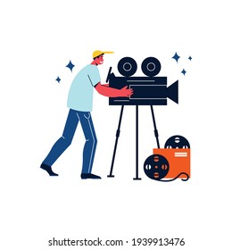 Flat character of cameraman and his equipment on white background vector illustration