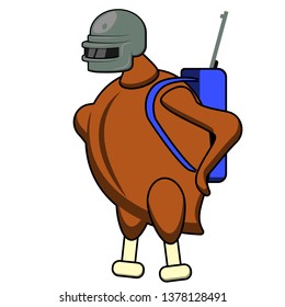 Flat character chicken in helmet with backpack and gun in vector eps10
