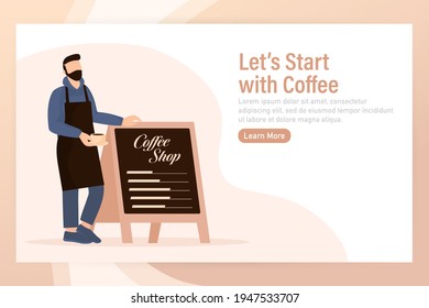 Flat character coffee shop barista. Vector illustration flat design. Vector infographic illustration. Cartoon male barista or waiter standing near menu board.