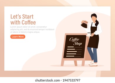 Flat character coffee shop barista. Vector illustration flat design. Vector infographic illustration. Cartoon male barista or waiter standing near menu board.