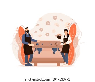 Flat character coffee shop barista. Vector illustration flat design. Vector infographic illustration. Cartoon male barista or waiter standing near menu board.