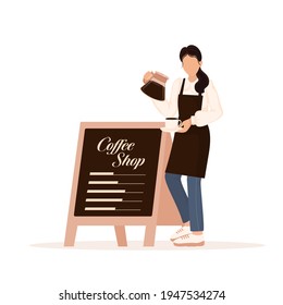 Flat character coffee shop barista. Vector illustration flat design. Vector infographic illustration. Cartoon male barista or waiter standing near menu board.