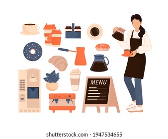 Flat character coffee shop barista. Vector illustration flat design. Vector infographic illustration. Cartoon male barista or waiter standing near menu board.