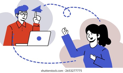 Flat Character Communication Set. Man and Woman in Video Call, Chat, Messaging, and Email Interaction