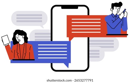 Flat Character Communication Set. Man and Woman in Video Call, Chat, Messaging, and Email Interaction