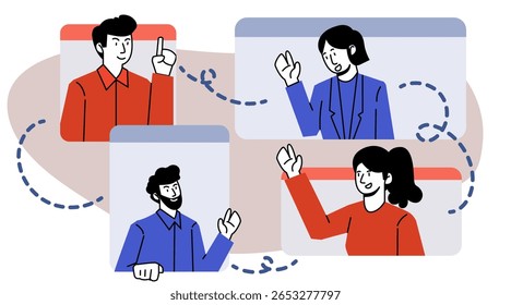 Flat Character Communication Set. Man and Woman in Video Call, Chat, Messaging, and Email Interaction