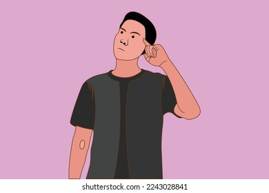 flat character confuse face expression while scratching head on isolated