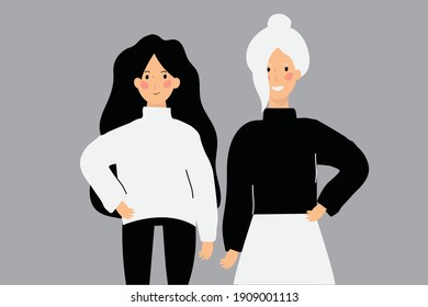 Flat character co-workers with strong self confidence. Motivated girls with formal clothes. young independent ladies standing and spreading positive vibes. Women's day concept.	