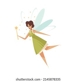 Flat character of cute fairy flying with magic wand vector illustration