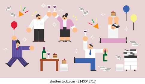 
Jefe de diseño de carácter plano, director y trabajadores con fiesta de celebración en la oficina