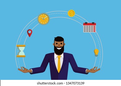 A flat character design businessman controlling time and tasks, time management and multitasking. Vector flat illustration.