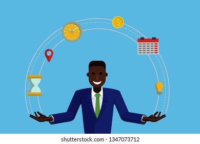 A flat character design businessman controlling time and tasks, time management and multitasking. Vector flat illustration.