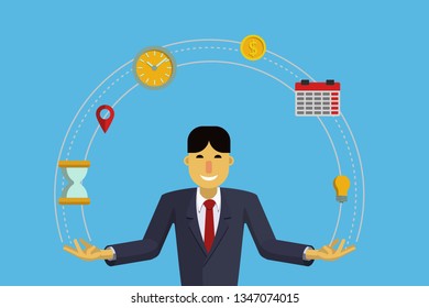 A flat character design businessman controlling time and tasks, time management and multitasking. Vector flat illustration.