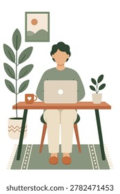 Flat character design of calm employee at home office desk for corporate work-life balance banner