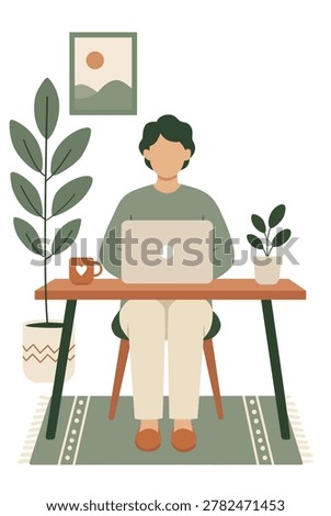 Flat character design of calm employee at home office desk for corporate work-life balance banner