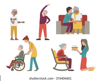 Flat character design of elderly man and woman with health care from volunteer and young people. 