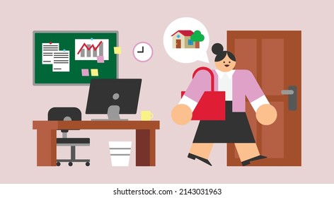 Flat Character Design Female Worker Thinking Of Going Home