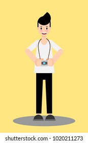 Flat character design illustration, Man in white T-shirt holds vintage in the hand