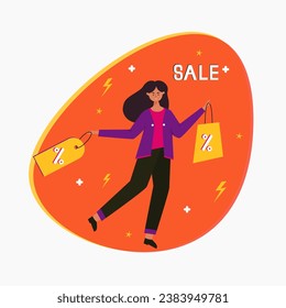 Flat character design illustration of shopping discount and voucher. Sale shopping girl vector art.