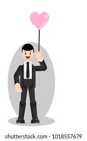 Flat character design illustration, a smiley young man in groom suit holds heart shape balloon in his hand.