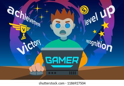 flat character design illustration, the young boy plays video game vga video game addiction