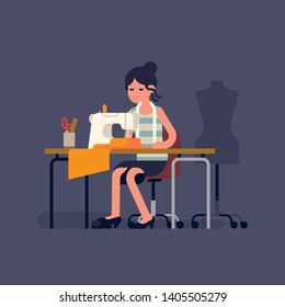 Flat character design on woman sewing clothes on a sewing machine. Tailor or dressmaker at work. Sewing work space concept