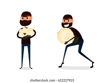Flat character design Piracy concept. Thief stealing and holding light bulb idea. Cartoon Vector Illustration.