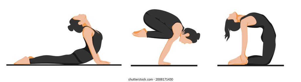 flaches Design verschiedener Yogastyles, die von einer Frau praktiziert werden