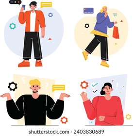flat character design template. illustration of a teenager shopping happily on a pink background.