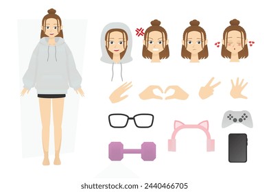 Flat character design vector of young woman or girl wearing oversize hoodie and mini skirt with alternate various face expression angry, sad and love with finger hand pose and many accessories 