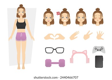 Flat character design vector of young woman or girl wearing sport bra and hot pants with alternate various face expression angry, sad and love with finger hand pose and many accessories 