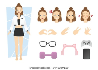 Flat character design vector of young woman or girl wearing jacket and mini skirt with alternate various face expression angry, sad and love with finger hand pose and many accessories 