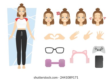 Flat character design vector of young woman or girl wearing crop top and mini skirt with alternate various face expression angry, sad and love with finger hand pose and many accessories 