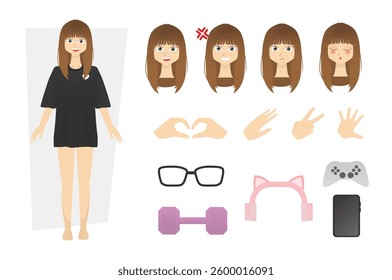 Flat character design vector of young woman or girl wearing oversize t-shirt and hot pants with alternate various face expression angry, sad and love with finger hand pose and many accessories gaming 