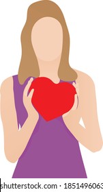 Flat character drawing young girl holding a heart with hands, cartoon style isolated vector image 