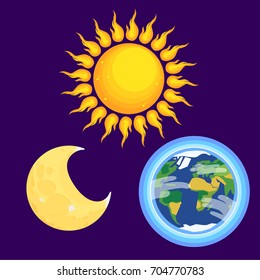 Flat character of earth , moon and sun , vector illustration  astronomy design.