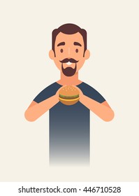 Flat Character Eating a Burger. Vector Illustration