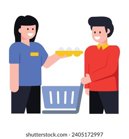 A flat character of eggs shopping, editable premium download